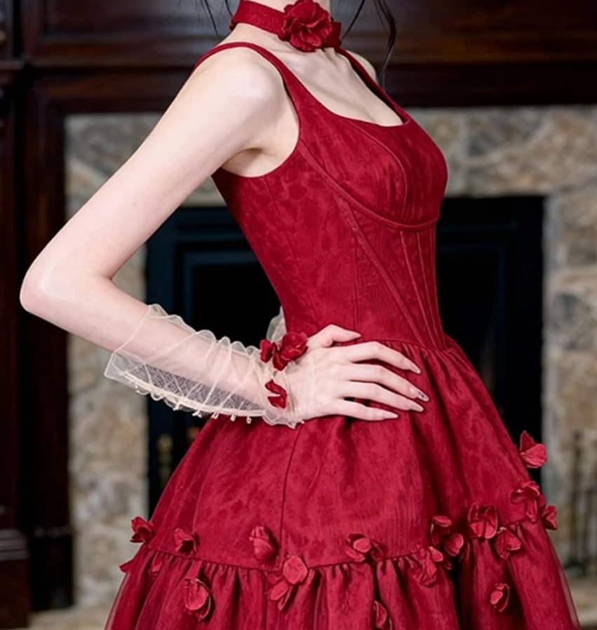 Gorgeous Spaghetti Straps Red Prom Dress Jacquard Floral A-Line Evening Dress C9799