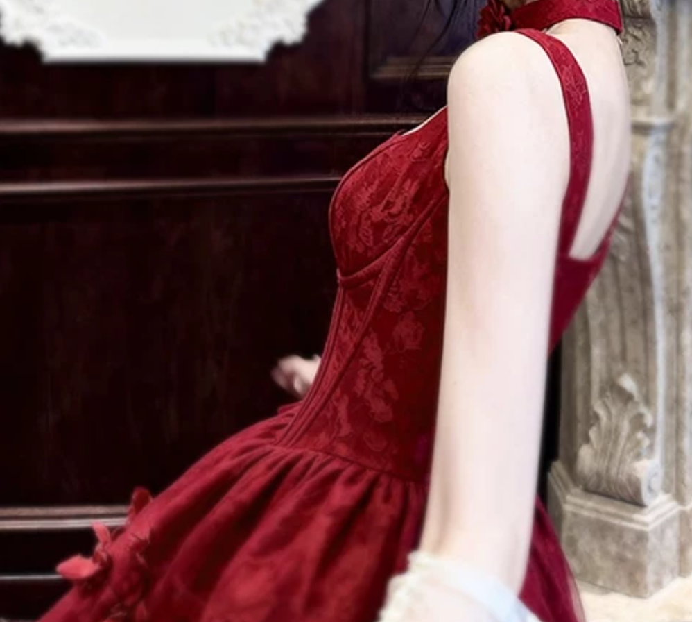 Gorgeous Spaghetti Straps Red Prom Dress Jacquard Floral A-Line Evening Dress C9799