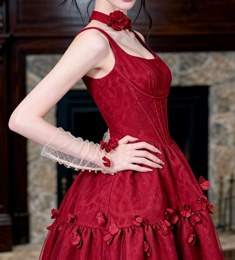 Gorgeous Spaghetti Straps Red Prom Dress Jacquard Floral A-Line Evening Dress C9799