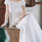 Vintage Boat Neck Appliques Wedding Dresses Satin Short Sleeve A-Line Bridal Dress C9800