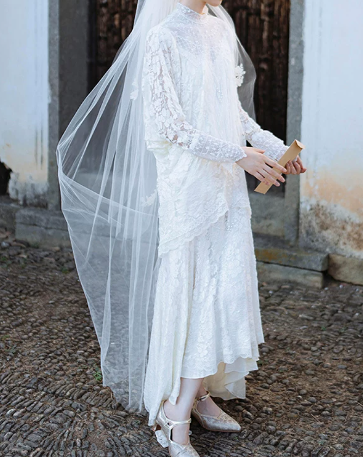 Fascinating High Collar Wedding Dresses Long Sleeve Lace A-Line Bridal Dress C9801