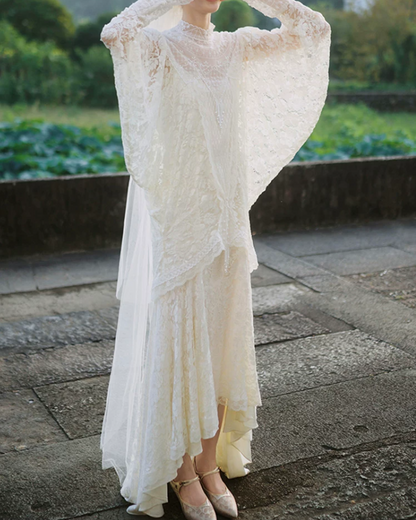 Fascinating High Collar Wedding Dresses Long Sleeve Lace A-Line Bridal Dress C9801