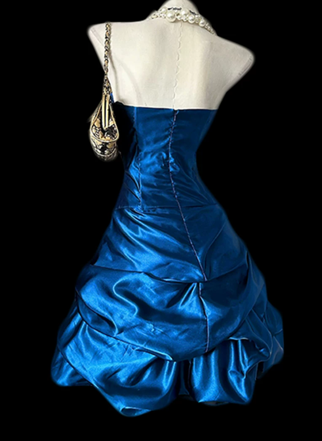 Shiny Strapless Blue Homecoming Dress Satin Ruffles A-Line Birthday Dress C9802