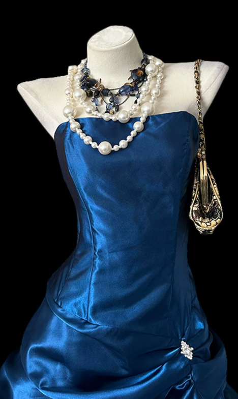 Shiny Strapless Blue Homecoming Dress Satin Ruffles A-Line Birthday Dress C9802