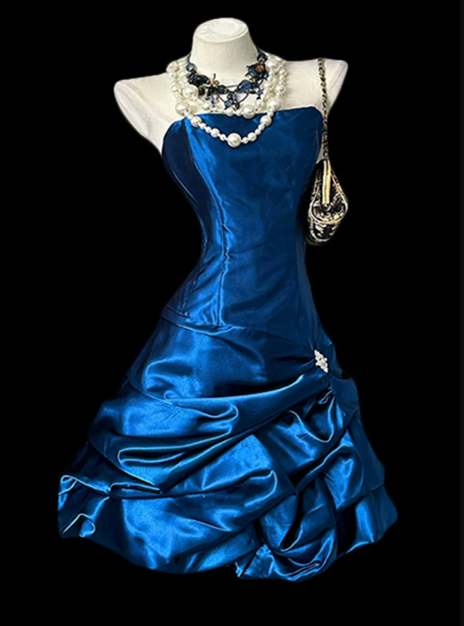 Shiny Strapless Blue Homecoming Dress Satin Ruffles A-Line Birthday Dress C9802