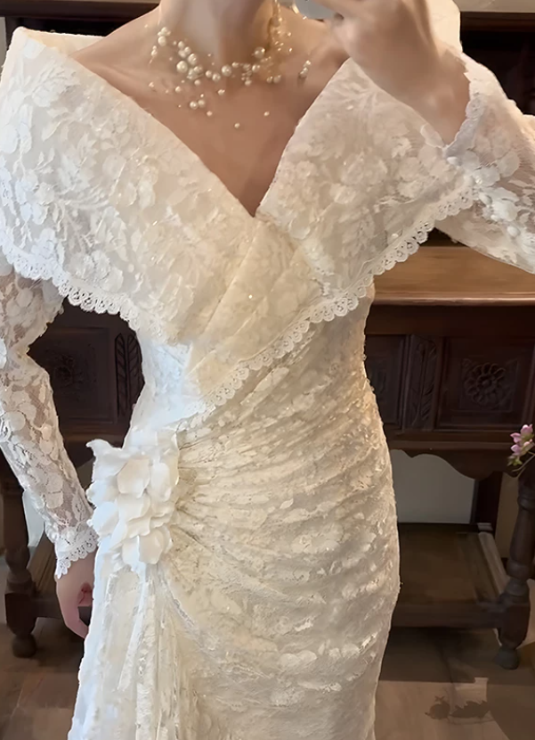 Superbe robe de mariée sirène bustier en satin et tulle, longue et en dentelle, C4563