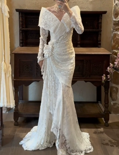 Superbe robe de mariée sirène bustier en satin et tulle, longue et en dentelle, C4563