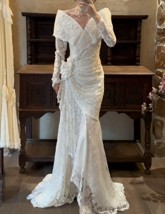 Romantic Off-Shoulder Wedding Dresses Long Sleeve Lace Mermaid Bridal Dress C9803