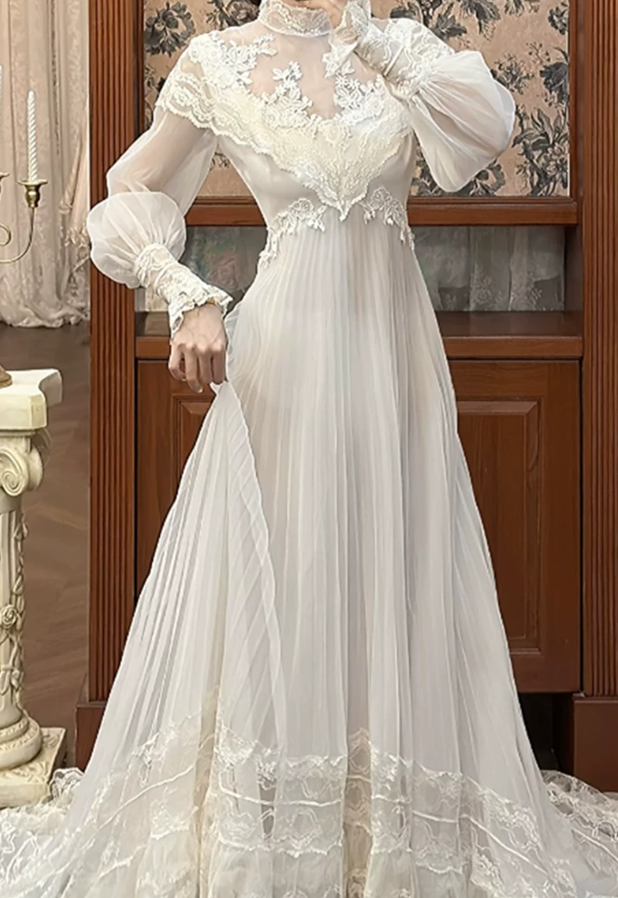 Charming Lace White Prom Dress Long Sleeve A-Line Evening Dress C9805