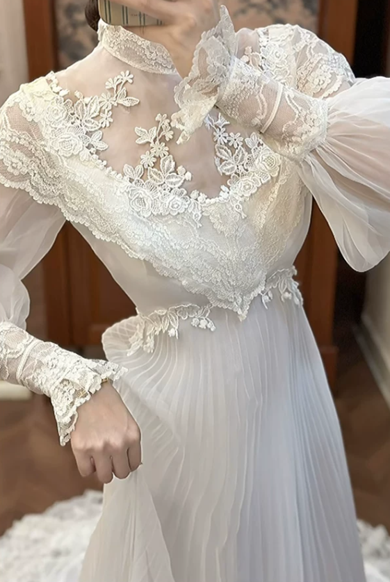 Charming Lace White Prom Dress Long Sleeve A-Line Evening Dress C9805