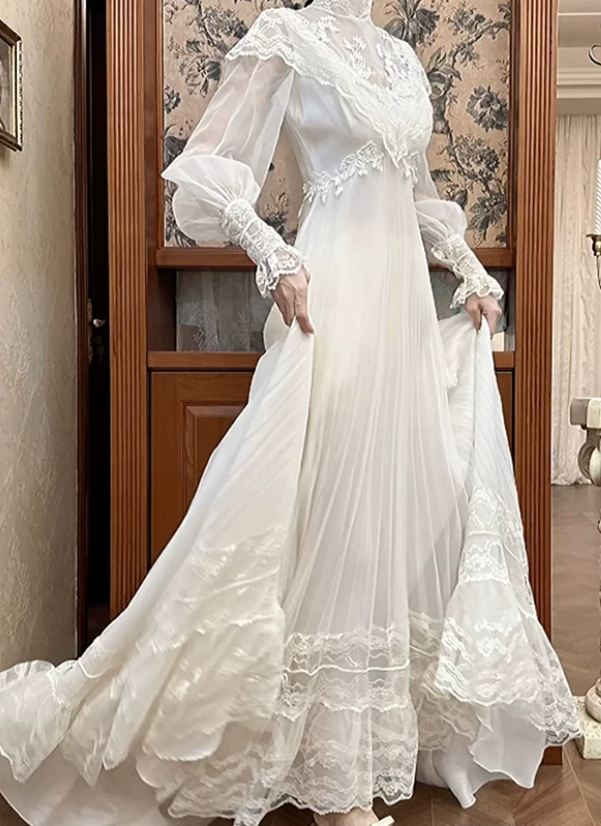 Charming Lace White Prom Dress Long Sleeve A-Line Evening Dress C9805