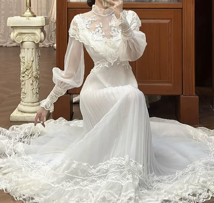 Charming Lace White Prom Dress Long Sleeve A-Line Evening Dress C9805