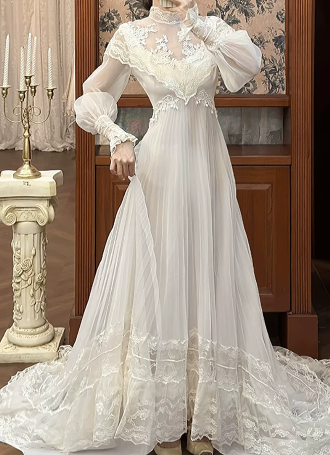 Charming Lace White Prom Dress Long Sleeve A-Line Evening Dress C9805