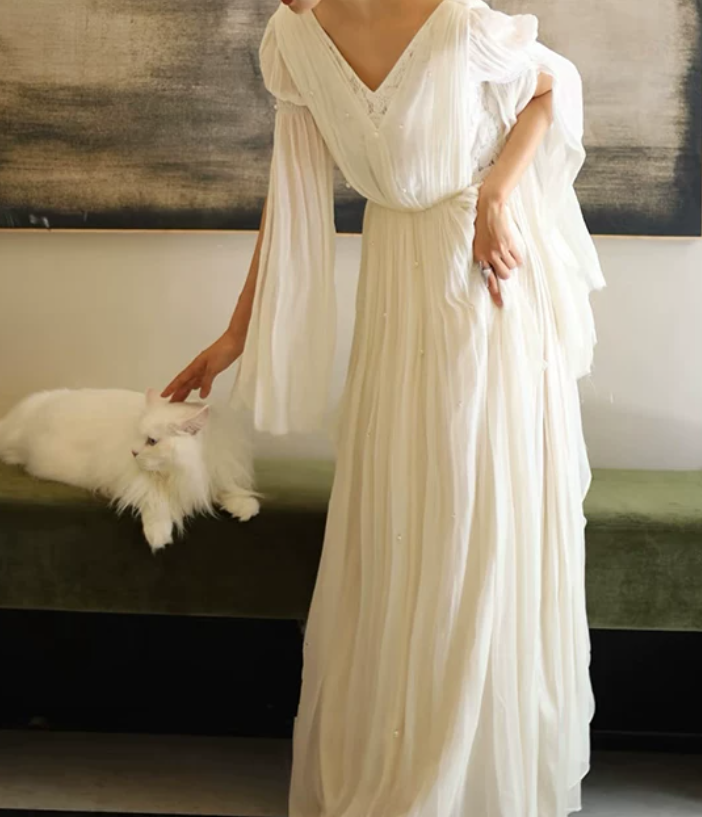 Flowy V Neck Beads Wedding Dresses Ivory Lace A-Line Bridal Dress C9811