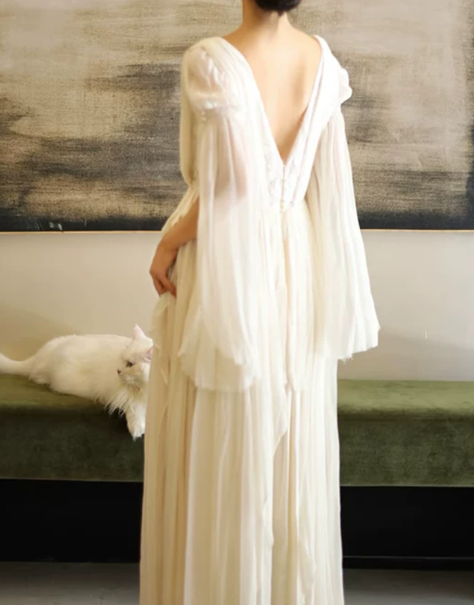 Flowy V Neck Beads Wedding Dresses Ivory Lace A-Line Bridal Dress C9811