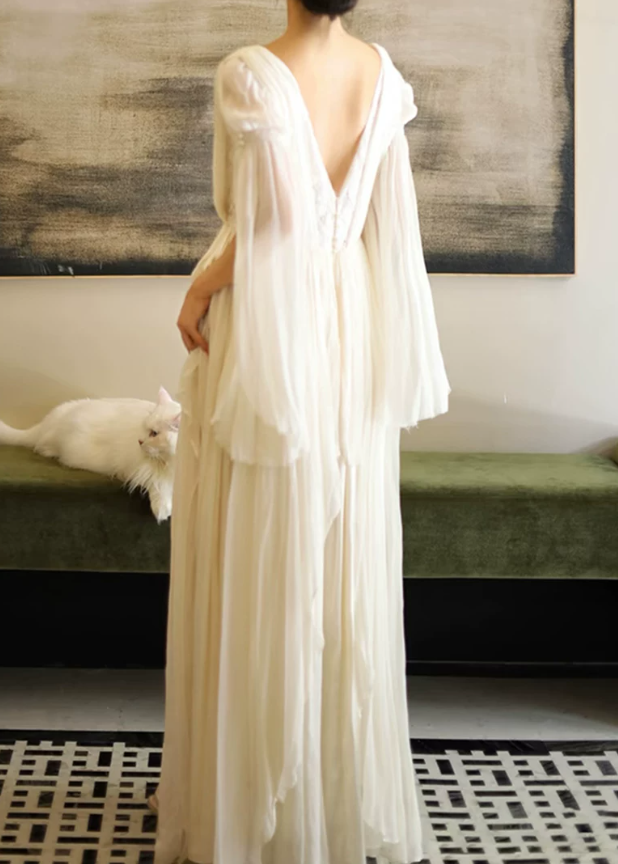 Flowy V Neck Beads Wedding Dresses Ivory Lace A-Line Bridal Dress C9811