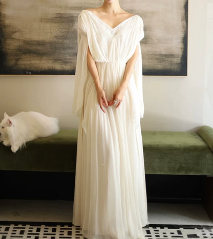 Flowy V Neck Beads Wedding Dresses Ivory Lace A-Line Bridal Dress C9811