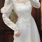 Trendy Square Neck White Prom Dress Appliques Long Sleeve A-Line Evening Dress C9815