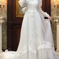 Trendy Square Neck White Prom Dress Appliques Long Sleeve A-Line Evening Dress C9815