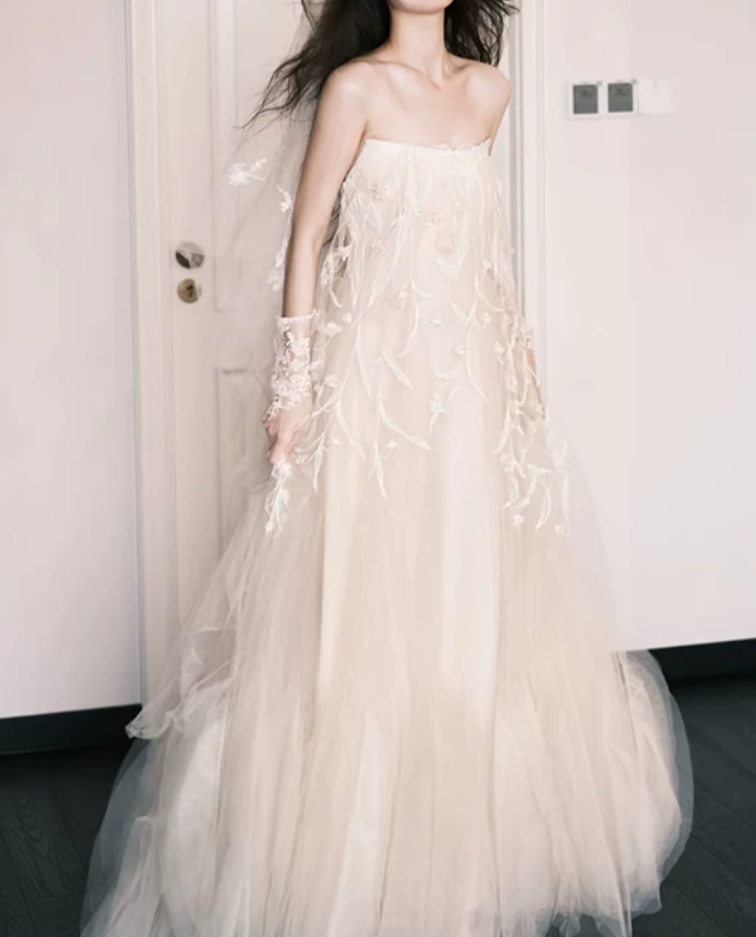 Glam Strapless Wedding Dresses Appliques Tulle A-Line Bridal Dress C9818