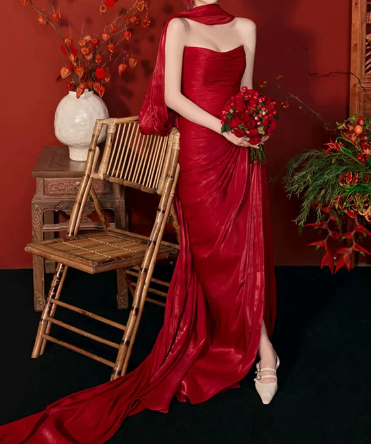 Sexy Strapless Red Prom Dress With Scarf Slit Sheath Evening Dress C9824