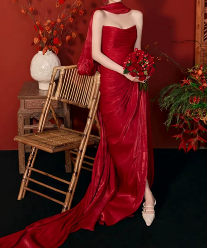 Sexy Strapless Red Prom Dress With Scarf Slit Sheath Evening Dress C9824