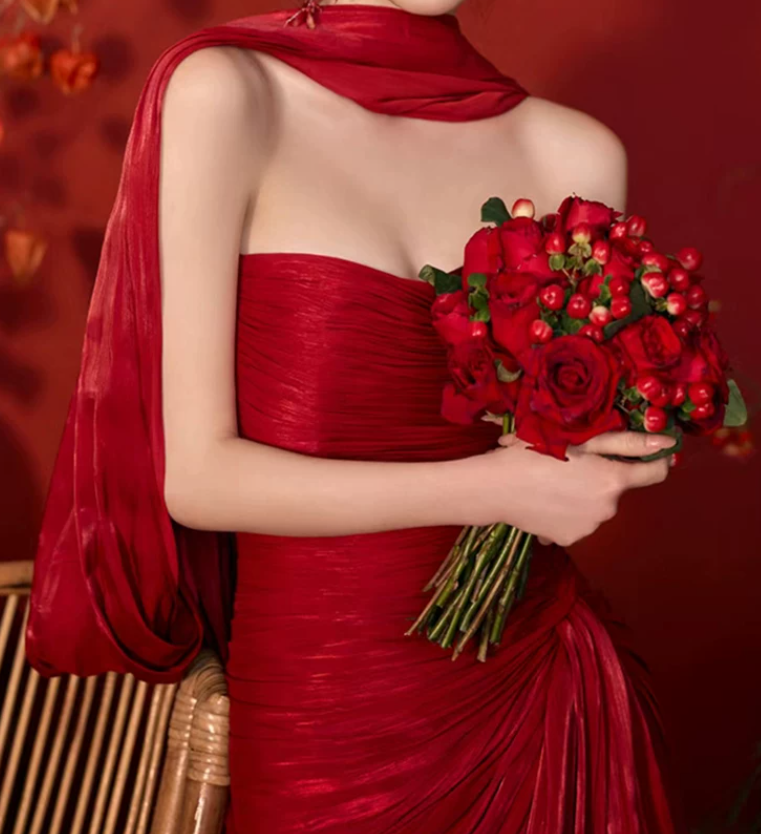 Sexy Strapless Red Prom Dress With Scarf Slit Sheath Evening Dress C9824