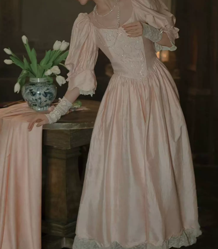 Ornate Square Neck Pink Prom Dress Long Sleeve Sequins Lace A-Line Evening Dress C9830