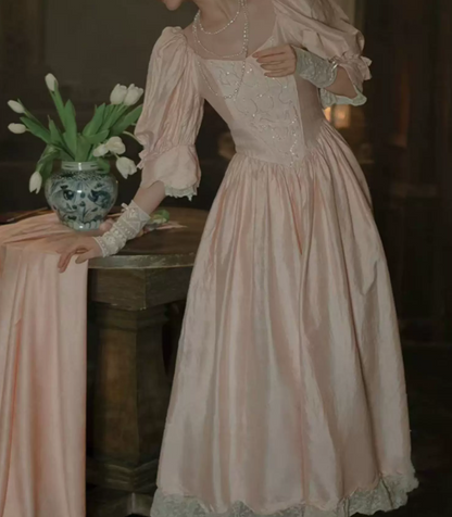 Ornate Square Neck Pink Prom Dress Long Sleeve Sequins Lace A-Line Evening Dress C9830
