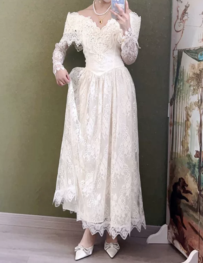 Unique Off-Shoulder Wedding Dresses Long Sleeve Lace A-Line Bridal Dress C9833