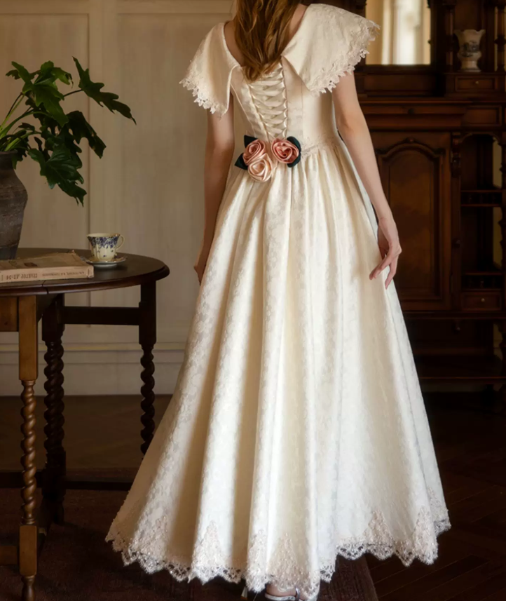 Retro Jewel Neck Lace Wedding Dresses Jacquard A-Line Bridal Dress C9835