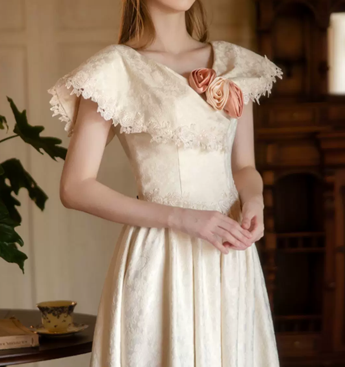 Retro Jewel Neck Lace Wedding Dresses Jacquard A-Line Bridal Dress C9835