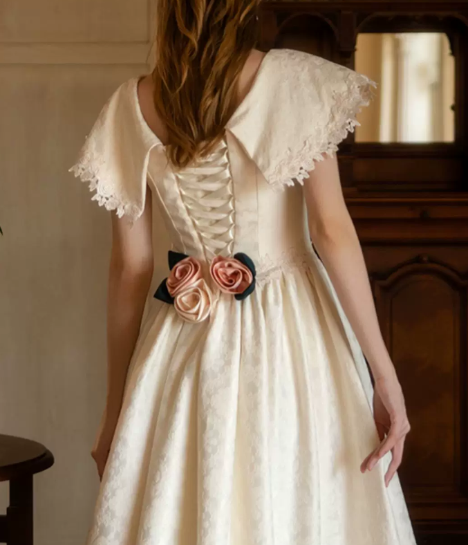 Retro Jewel Neck Lace Wedding Dresses Jacquard A-Line Bridal Dress C9835