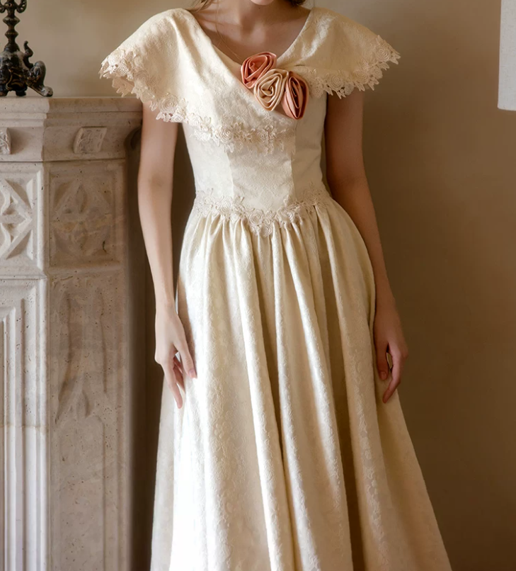 Retro Jewel Neck Lace Wedding Dresses Jacquard A-Line Bridal Dress C9835