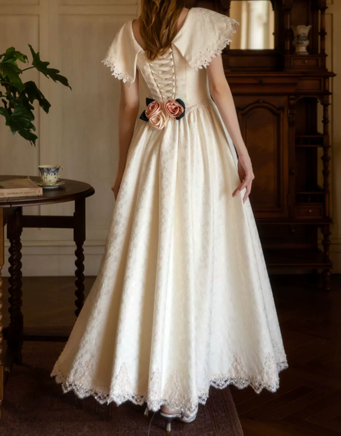 Retro Jewel Neck Lace Wedding Dresses Jacquard A-Line Bridal Dress C9835
