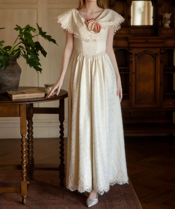 Retro Jewel Neck Lace Wedding Dresses Jacquard A-Line Bridal Dress C9835