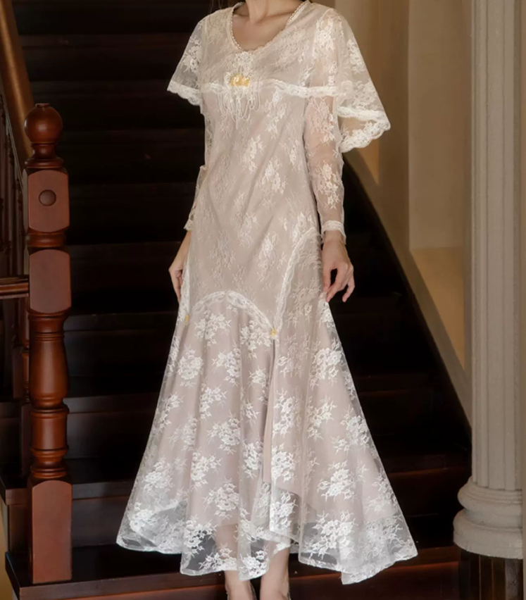 Unique Jewel Neck White Prom Dress Lace Long Sleeve Mermaid Evening Dress C9837