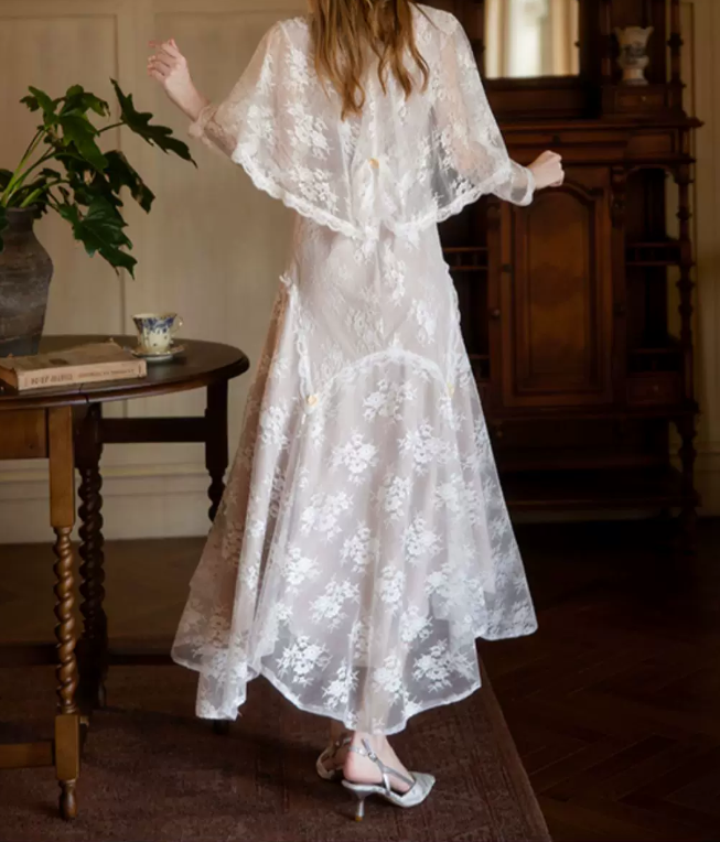 Unique Jewel Neck White Prom Dress Lace Long Sleeve Mermaid Evening Dress C9837