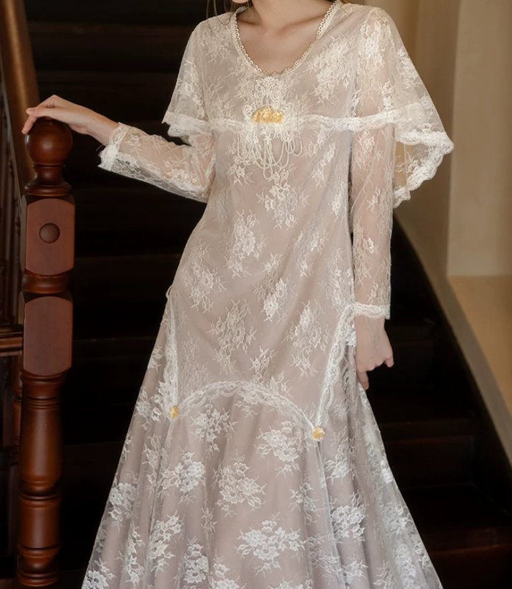 Unique Jewel Neck White Prom Dress Lace Long Sleeve Mermaid Evening Dress C9837