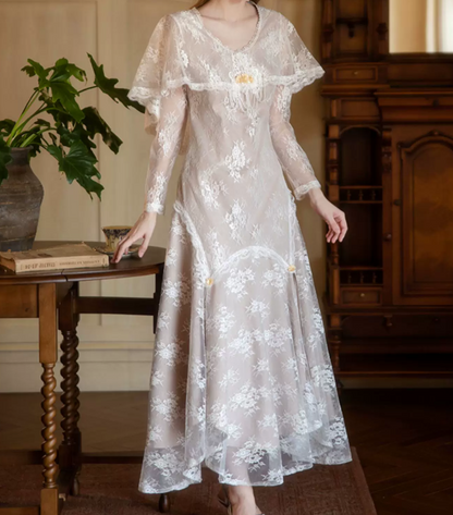 Unique Jewel Neck White Prom Dress Lace Long Sleeve Mermaid Evening Dress C9837