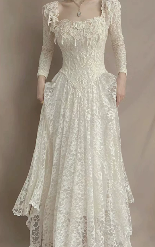 Attractive Square Neck White Prom Dress Appliques Long Sleeve A-Line Evening Dress C9838