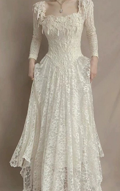 Attractive Square Neck White Prom Dress Appliques Long Sleeve A-Line Evening Dress C9838