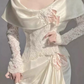 Alluring U Neck White Prom Dress Lace Satin Long Sleeve Sheath Evening Dress C9839