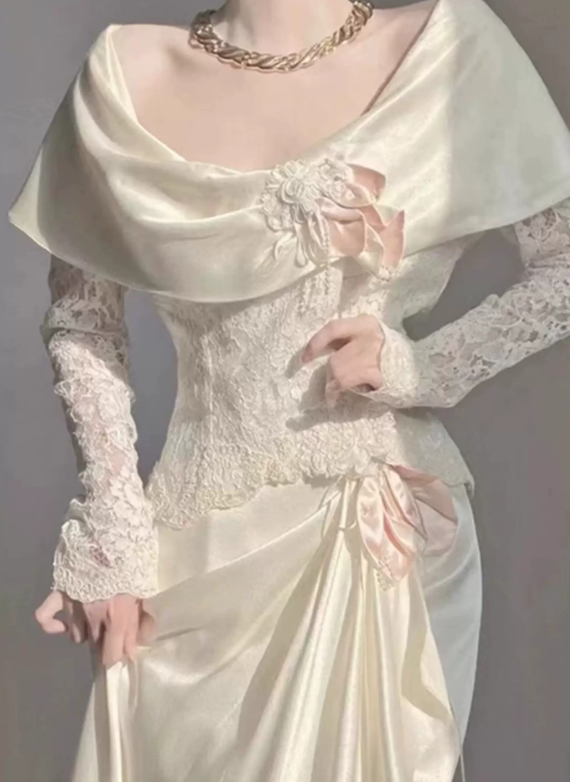 Alluring U Neck White Prom Dress Lace Satin Long Sleeve Sheath Evening Dress C9839