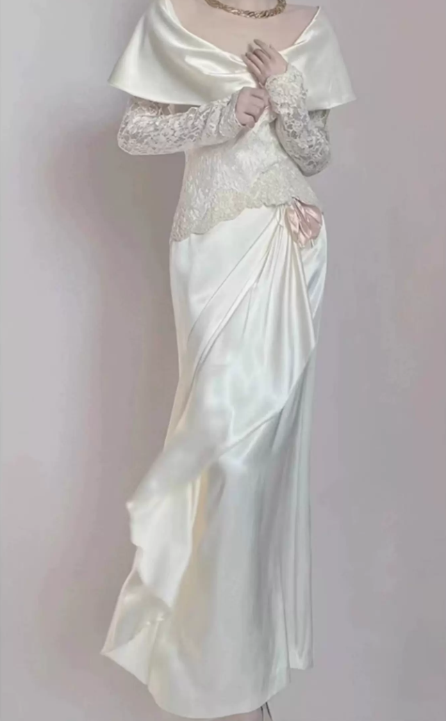Alluring U Neck White Prom Dress Lace Satin Long Sleeve Sheath Evening Dress C9839