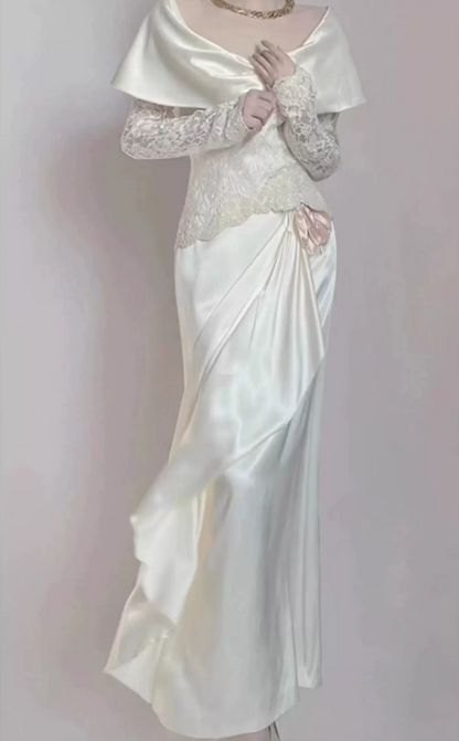 Alluring U Neck White Prom Dress Lace Satin Long Sleeve Sheath Evening Dress C9839