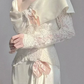 Alluring U Neck White Prom Dress Lace Satin Long Sleeve Sheath Evening Dress C9839