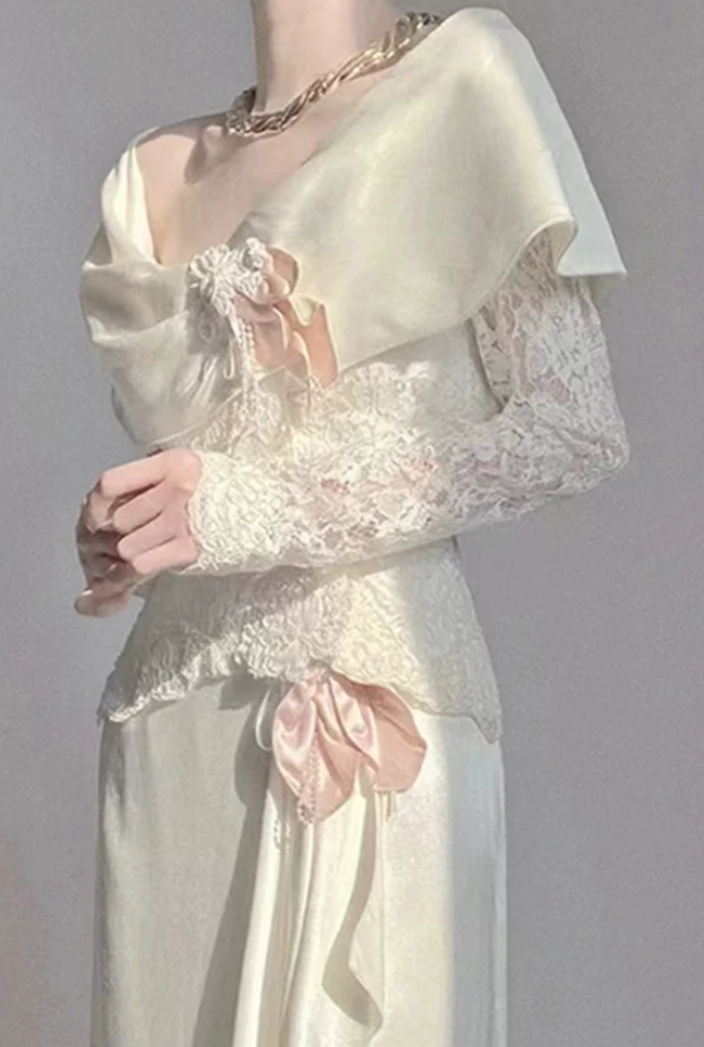 Alluring U Neck White Prom Dress Lace Satin Long Sleeve Sheath Evening Dress C9839