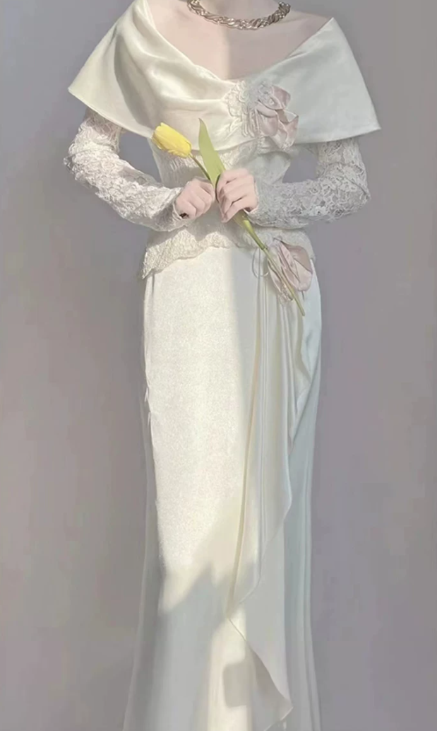 Alluring U Neck White Prom Dress Lace Satin Long Sleeve Sheath Evening Dress C9839