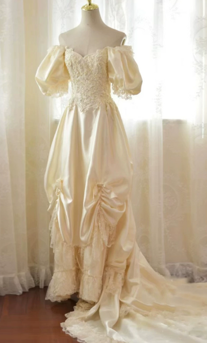Trendy Off-Shoulder Ivory Prom Dress Appliques Beads Short Sleeve A-Line Evening Dress C9841